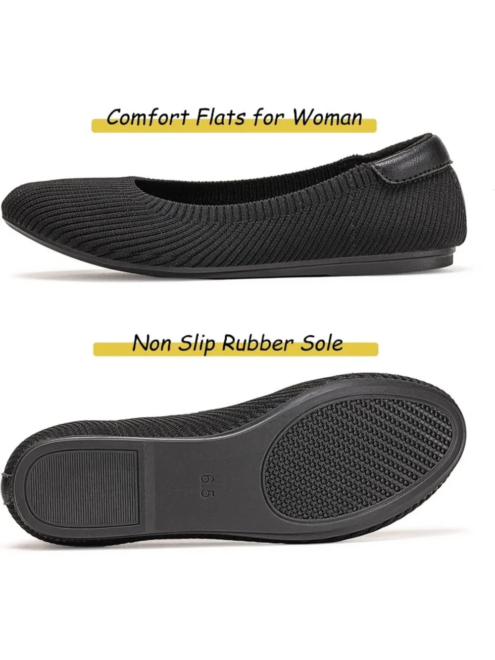 Women's All Black Round Toe Knit Low Wedge Slip On Ballerina Ballet Flat Shoes